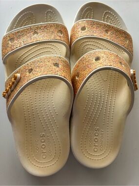 CROCS Cream Slide Sandals with Multicolor Glitter Straps